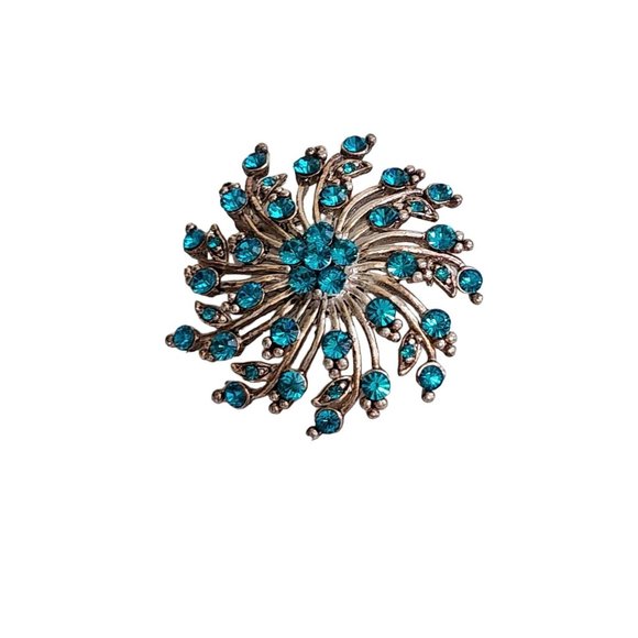 Vintage Turquoise Rhinestone Crystal Flower Swirl Blue Pin Brooch - Picture 8 of 16